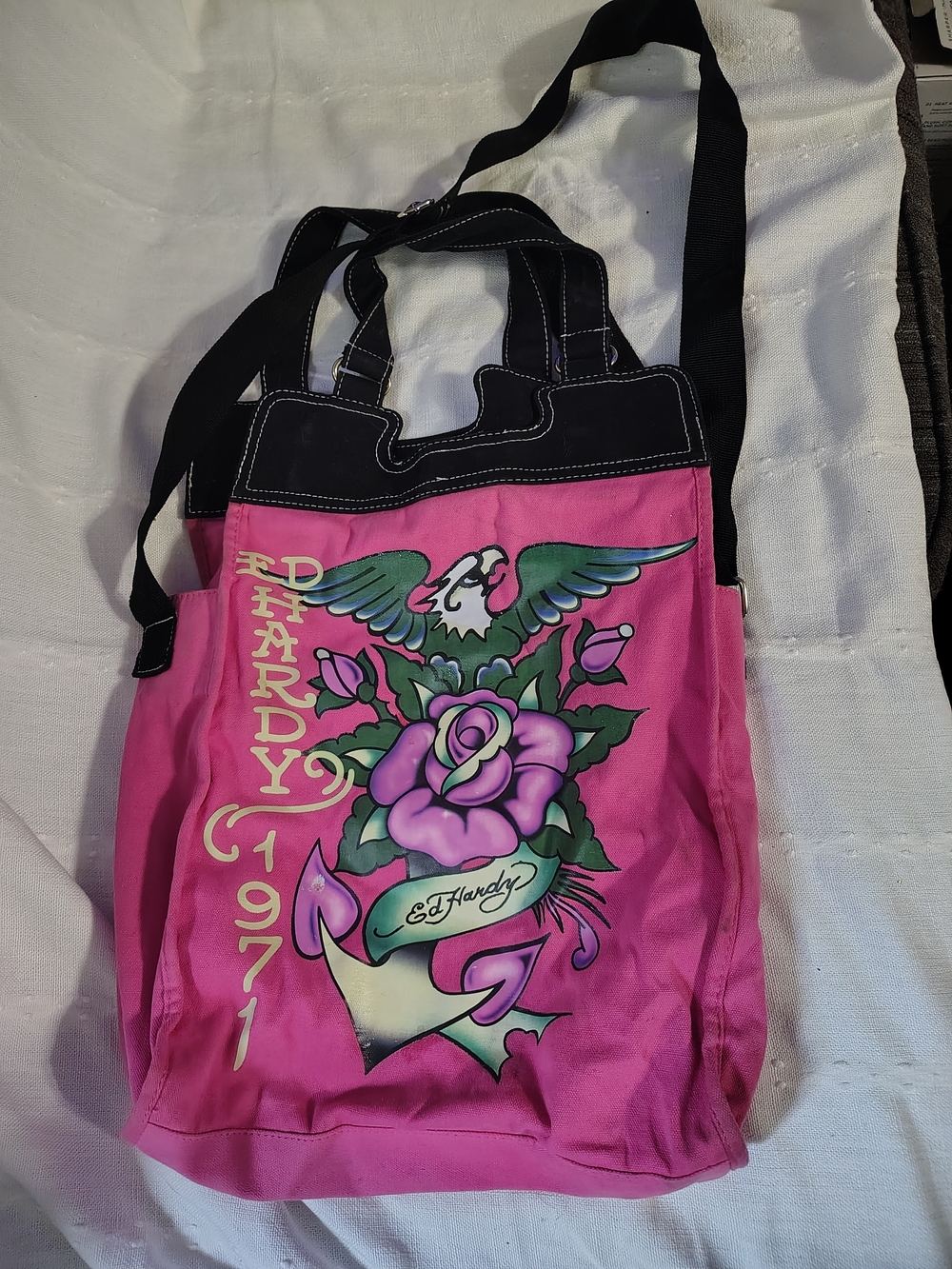 Ed Hardy Pink Rose & Eagle Graphic Tote with Black Straps